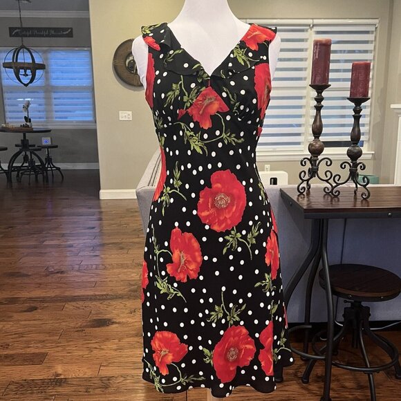 Mica Dresses & Skirts - Mica Women's VTG Dress Size 10 Black White Polka Dot Red Rose Sleeveless 90's